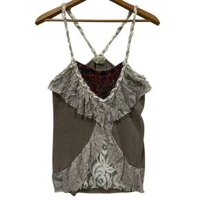 Gimmicks by BKE Women Brown Mixed Media Lace Boho Camisole Braided Straps S